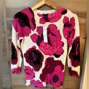 NWT - Pure Cashmere - Talbots Pink on Cream Floral Cashmere Sweater